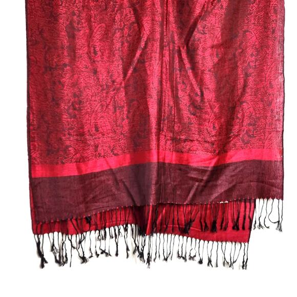 Cashmere & Silk Burgundy Red Pashmina Shawl Tassels Paisley Reversible Gorgeous - Picture 6 of 9